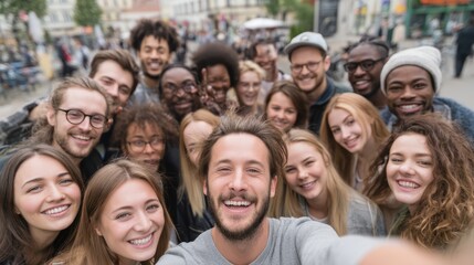 Obraz premium Diverse group of young adults smiling outdoors in urban setting