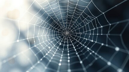 Naklejka premium Delicate spiderweb glistening with morning dew, forming intricate geometric pattern against muted