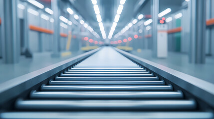 Obraz premium A modern, empty conveyor belt stretches through a brightly lit industrial facility, emphasizing automation and efficiency.