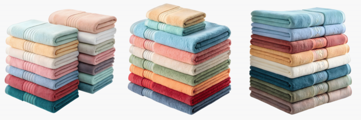 A colorful stack of folded wool socks and a scarf in green, blue, and red hues are isolated on a clean white rack