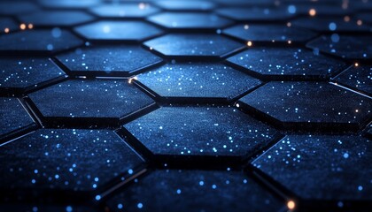 Fototapeta premium Cyberpunk Hexagon Grid Network Glowing in Dark Background, Technology And Innovation Concept.