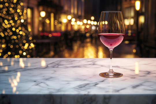 Glass of red wine on marble surface, blurred city lights background showcasing elegance and sophistication, ideal for drinks or nightlife concepts