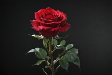 Naklejka premium A single red rose, stark against a deep black background , passion, dramatic