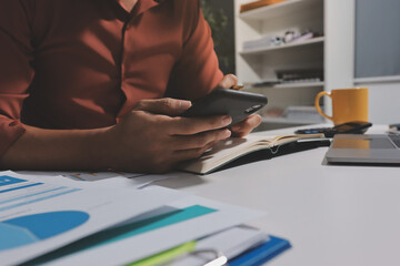 Working from home, Closeup business woman using laptop computer and analyzing financial report.