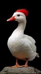 Obraz premium Elegant white duck with vibrant red crest, perched gracefully against a stark black backdrop