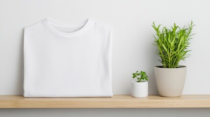 Folded White T-Shirt Mockup with Plants on Shelf t-shirt white folded mockup clothing apparel design
