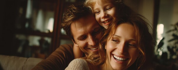 Fototapeta premium Joyful caucasian family moment with happy young parents and child at home