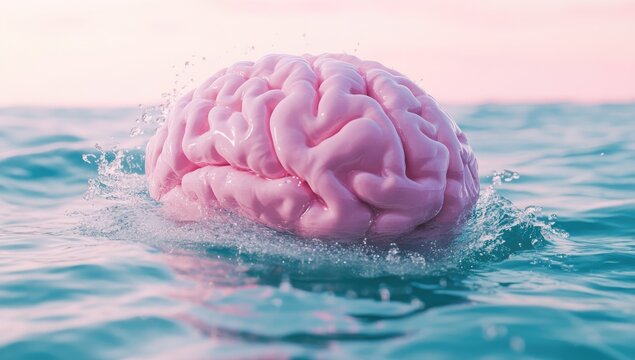 Pink brain emerging from water, serene scene.  Water splashes around a large, smooth, pink brain as it gently rises above the surface of the water. Soft, pastel colors - Powered by Adobe
