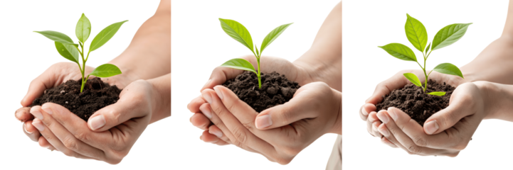Hands gently holding a small green plant sprout symbolize new life and growth in nature's care