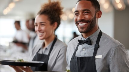 African adults smiling in restaurant uniforms serving customers with plates