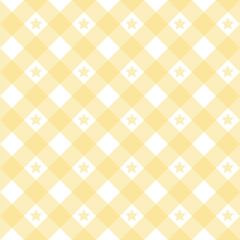 Gingham star diagonal seamless pattern in pastel yellow color. Vichy plaid design for Easter holiday textile decorative. Vector checkered pattern for fabric picnic blanket, tablecloth, dress, napkin.
