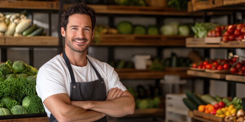 Confident male grocer smiling with arms crossed in a vibrant produce shop, surrounded by fresh vegetables and fruits in a well-organized local store.