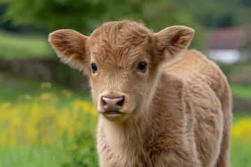 Highland Calf Portrait in Green Field