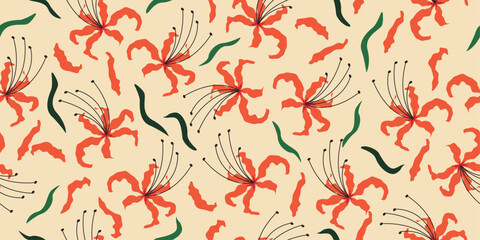 Hand drawn tropical flowers pattern. Hawaiian summer fashion for fabric, textile, apparel, poster, cover, decoration, banner, wallpaper, interior. Vector illustration.