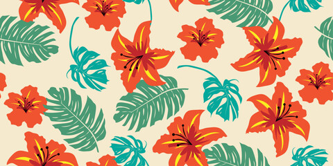 Hand drawn hibiscus flowers tropical pattern. Hawaiian summer fashion for fabric, textile, apparel, poster, cover, decoration, banner, wallpaper, interior. Vector illustration.