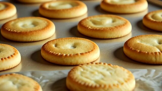 Golden baked cookies arranged on tray show perfect baking process