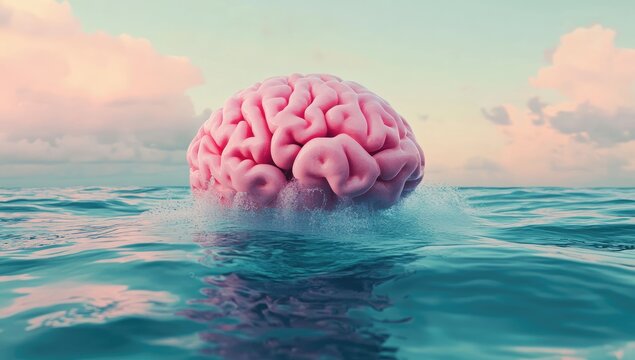 Pink brain floats atop a placid ocean, serene and surreal