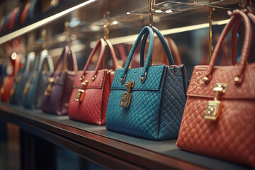 Luxury female handbags in vibrant colors neatly displayed in a boutique showcase, featuring quilted leather texture and gold accents in elegant retail lighting.