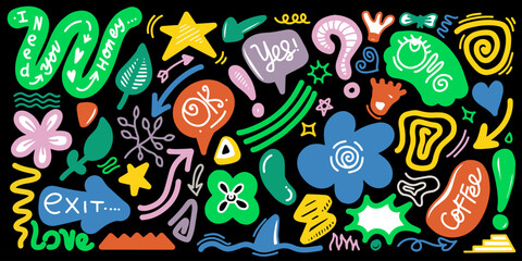 Fototapeta premium Naive cute abstract shapes sticker pack. Fun funky flowers, bubbles, stars, circles, eyes typography in trendy retro 90s cartoon style