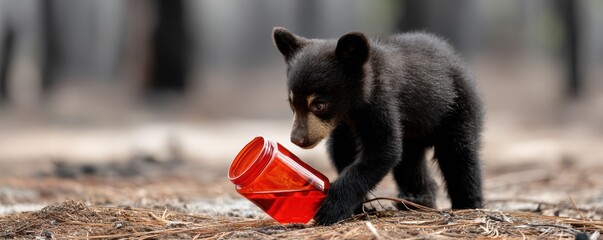 Curious black bear cub exploring red object in forest habitat