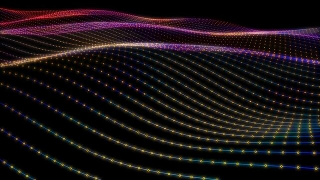 Abstract array lines on surface connected circles in dynamic wave animation. Wireframe of lines connecting circles in cyberspace. Technology concept.