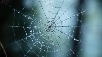 A delicate spiderweb glistens with dew, intricate geometry contrasting with a soft, blurred
