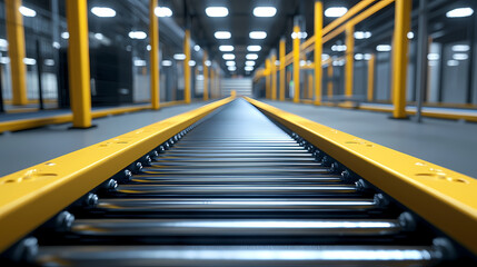 A modern conveyor system inside a brightly lit industrial facility, featuring yellow frames and metal rollers.