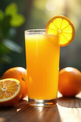 Fototapeta premium Sunlit glass of fresh orange juice, vibrant oranges in background, golden, leaves, farm