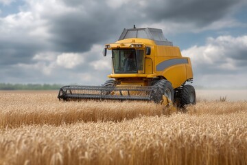 Obraz premium Combine Harvester Cutting Wheat Field Under Cloudy Sky