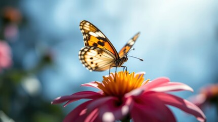 Obraz premium Painted Lady butterfly rests gracefully on a vibrant pink flower, wings spread against a soft blue