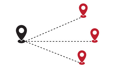 Route icon between three points with dotted path and location pins. Location pointer continuous one line drawing. GPS navigation line route mark. 