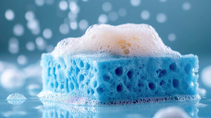 Close-up of blue sponge with foamy soap bubbles on wet surface, captured in vibrant lighting and macro perspective against soft blue background.