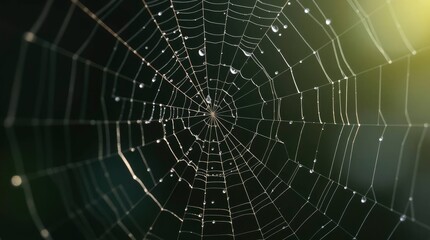 Intricate spiderweb glistens with dewdrops, creating a delicate and ethereal natural geometric