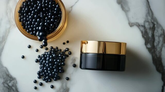 Elegant black skincare pearls spill from a gold-capped container onto a polished white marble surface, accompanied by a matching closed jar. The image conveys sophistication, premium beauty products