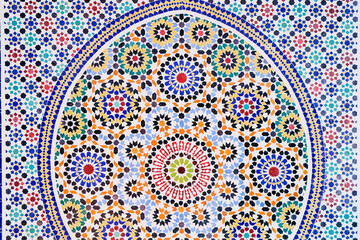 Colorful Moroccan mosaic pattern with intricate geometric designs and vibrant colors.