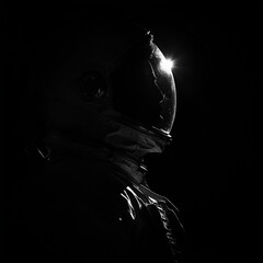 Striking black and white profile of an astronaut captured in silhouette against a pitch-black background, with a beam of light dramatically highlighting the helmet’s edge.