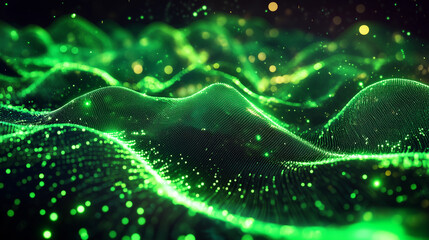 Abstract digital artwork featuring vivid green waveforms that resemble alien sound mesh or energy fields. The flowing lines and glowing particles give a dynamic sense of motion