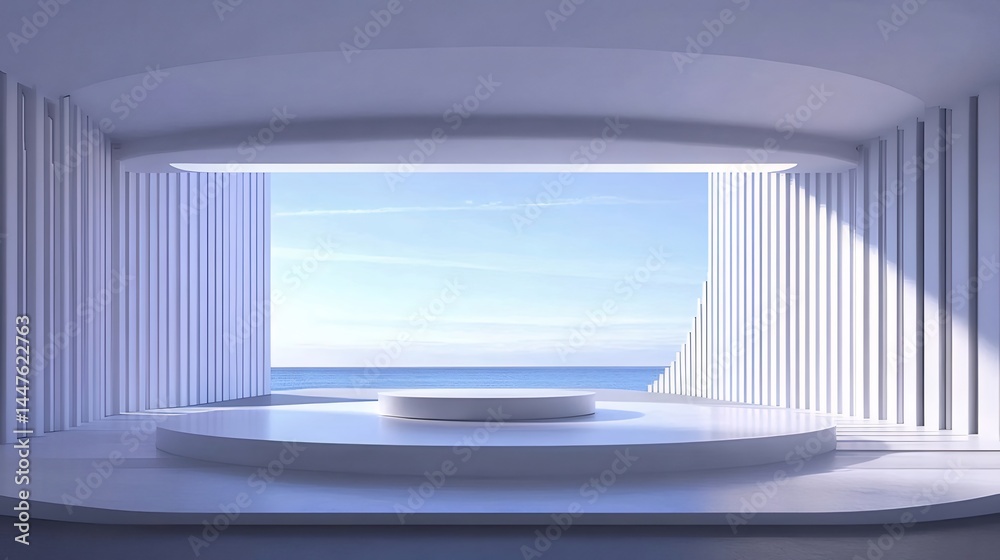 Poster 白い建築構造と海を背景にしたモダンデザインの空間 白い円形プラットフォームと窓からの太陽光