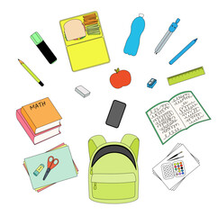 Colorful vector set of essential school supplies in flat cartoon style. Includes backpack, lunchbox, water bottle, stationery, books, and art tools. Perfect for back-to-school themes