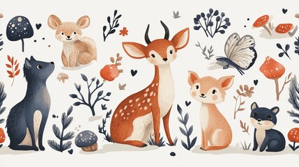 Naklejka premium Charming Group of Playful Foxes Among Colorful Wild Mushrooms in a Lush Green Forest Setting