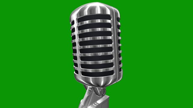 3d rendering rotating microphone on green screen.