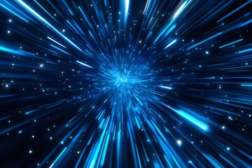 青色の光が宇宙空間を疾走する抽象的なデジタルアート 未来的な輝きと星の背景