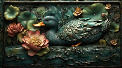 Fototapeta premium Duck amidst lotus pond, intricate carving
