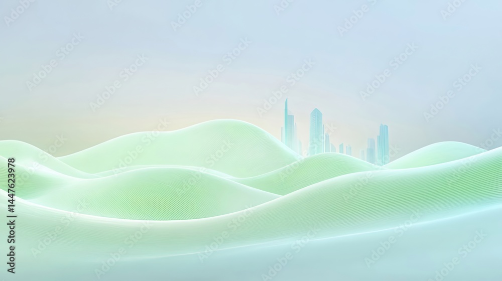 Aufkleber 抽象的な緑色の波状地形と透き通った未来都市のデジタルイラスト 水色と黄色のグラデーションの背景