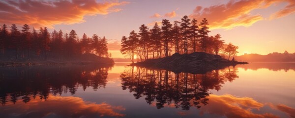Fototapeta premium Serene sunset paints the calm lake with fiery hues, reflecting tranquility , atmosphere, sky, majestic