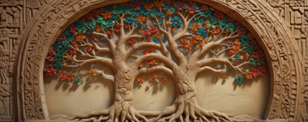 Naklejka premium Ancient stone, intricately carved Tree of Life , power, civilization
