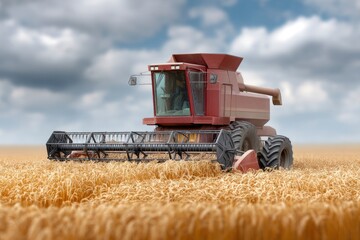Obraz premium Combine Harvester in Wheat Field Under Cloudy Sky