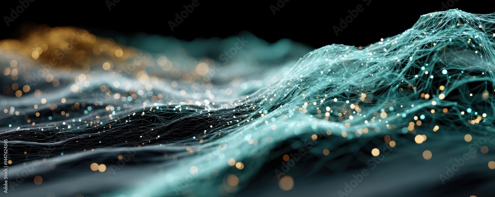 Wall mural abstract digital landscape with glowing network connections and particle waves