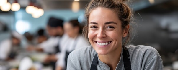 Smiling female chef in busy restaurant kitchen with team in background