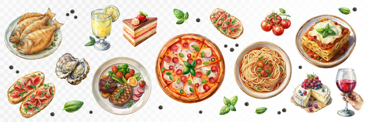 Set of Italian dishes: Spaghetti, Oysters, Pizza, Fish, Lasagne, Cheese, Steak, Wine. Watercolour. Vector.